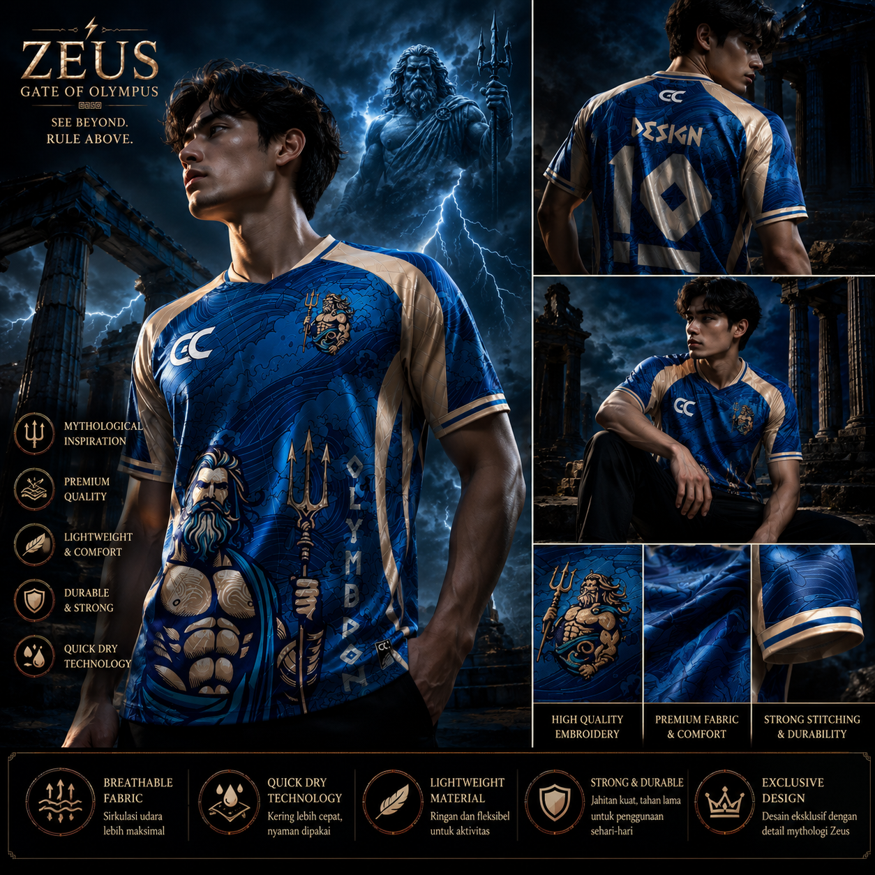 Model memakai jersey TAHUN4D Blue Mythology